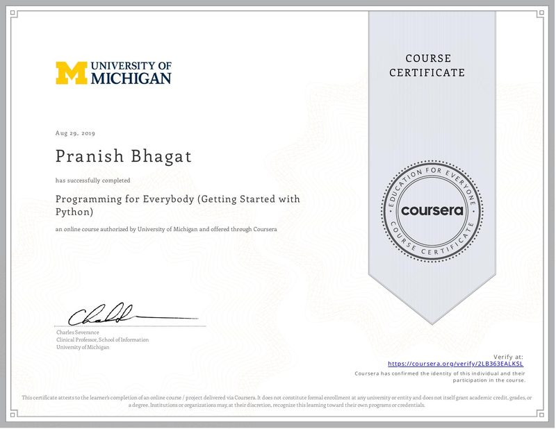 certificate for programming for everybody (getting started with python) — University of Michigan