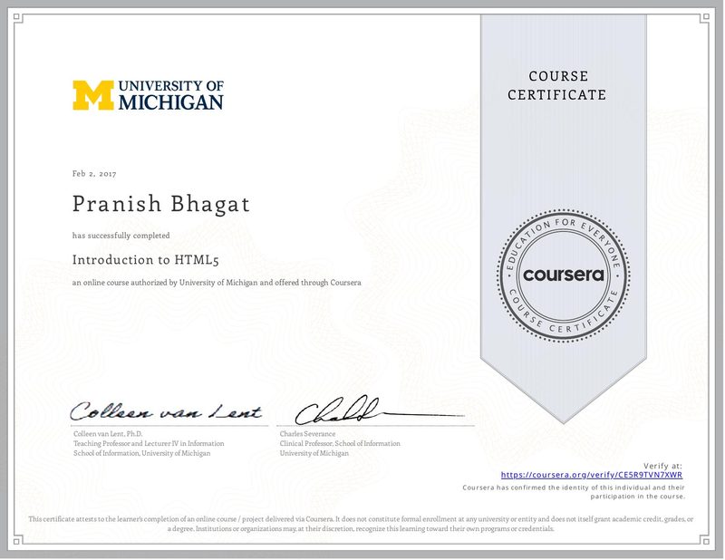 certificate for introduction to html5 — University of Michigan