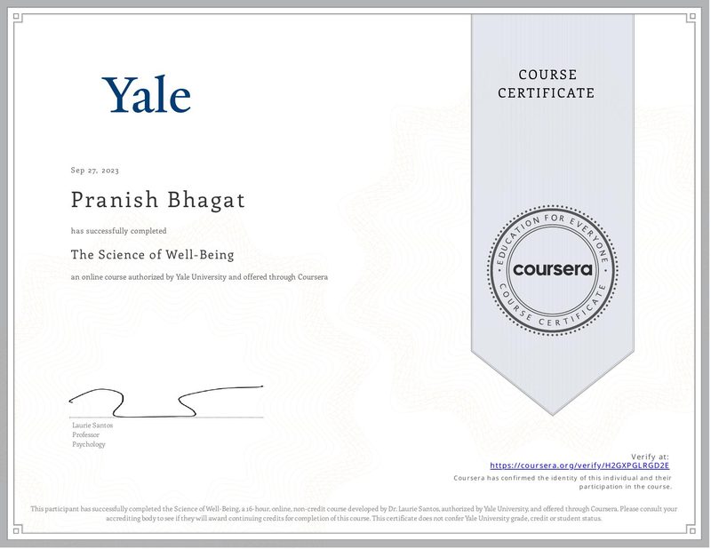 certificate for the science of well-being — Yale