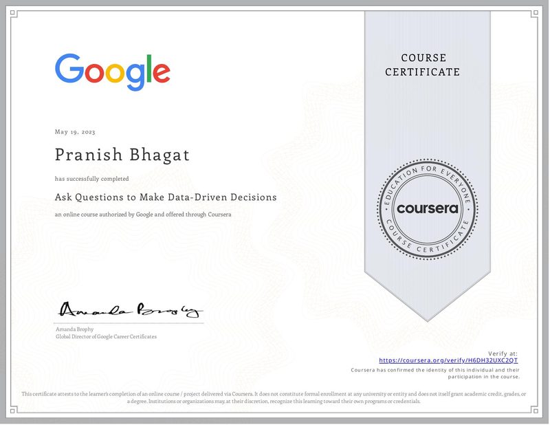 certificate for ask questions to make data-driven decisions — Google