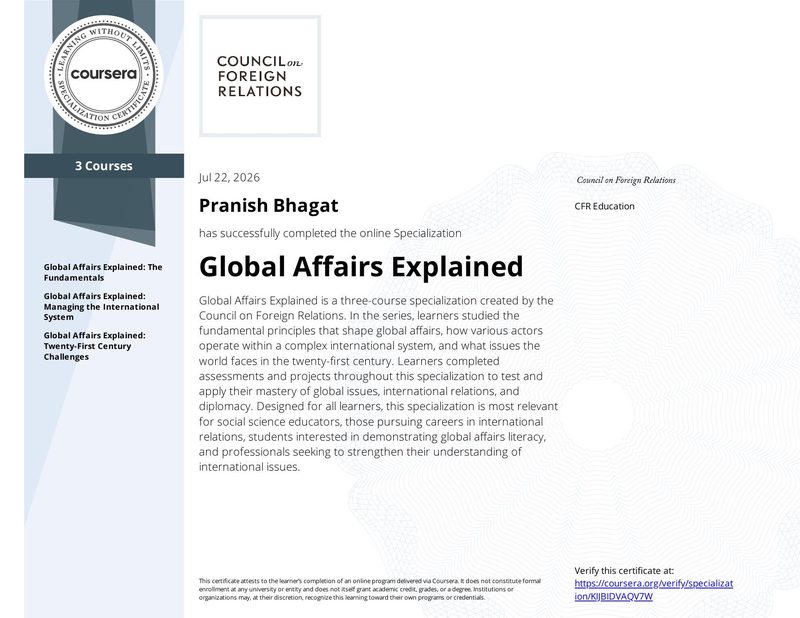 certificate for Global Affairs Explained — Council on Foreign Relations · specialization, 3 courses