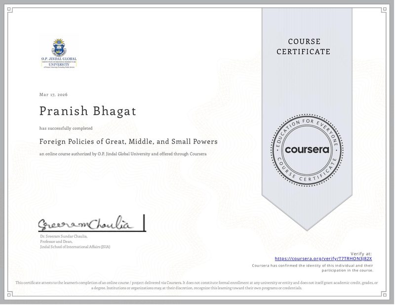 certificate for foreign policies of great, middle, and small powers — O.P. Jindal Global