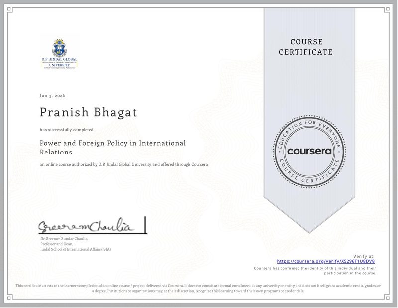 certificate for power and international relations — O.P. Jindal Global